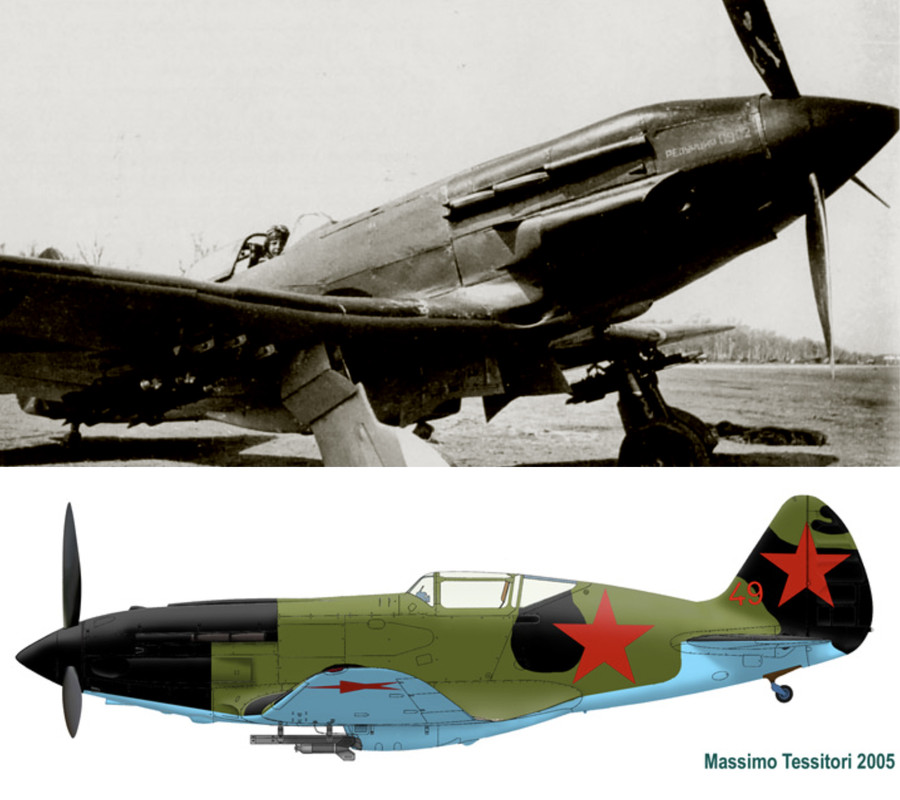 Mikoyan-Gurevich-MiG-3-12GvIAP-Red-49-flown-by-Capt-KA-Kriukov-at-Vnukovo-Moscow-spring-1942-0A