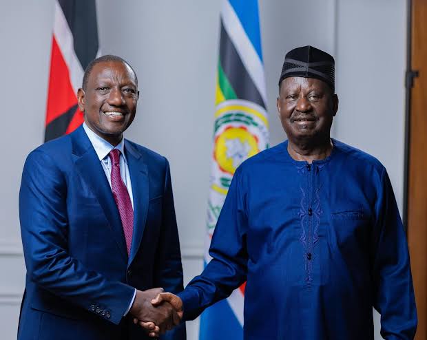 Raila Odinga and William Ruto shaking hands during their political alliance announcement