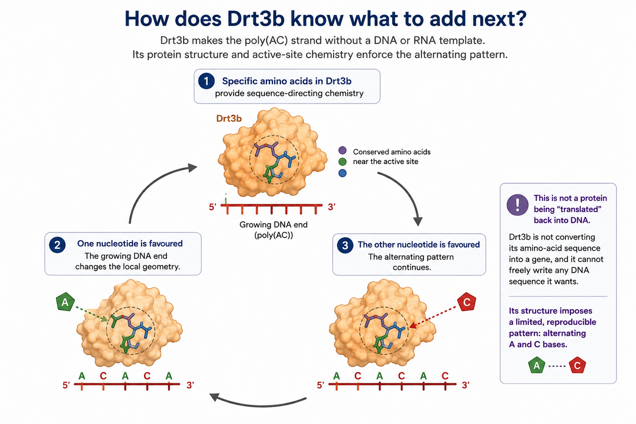 Drt3b active-site mechanism showing how protein structure directs alternating A and C nucleotide incorporation