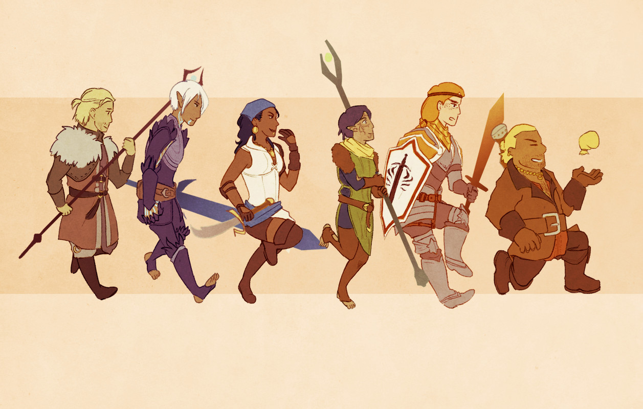 Hawke Squad running, likely having just gotten into trouble, that I made into mini prints and coin purses for conventions.