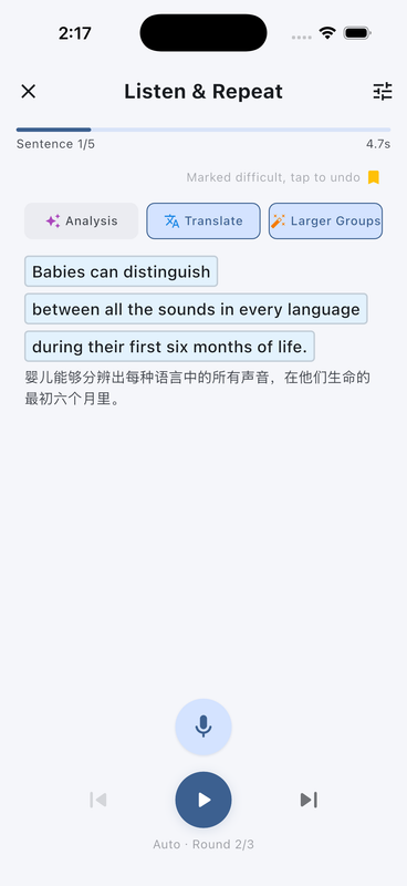 Echo Loop shadowing - sense groups, translation, and AI scoring