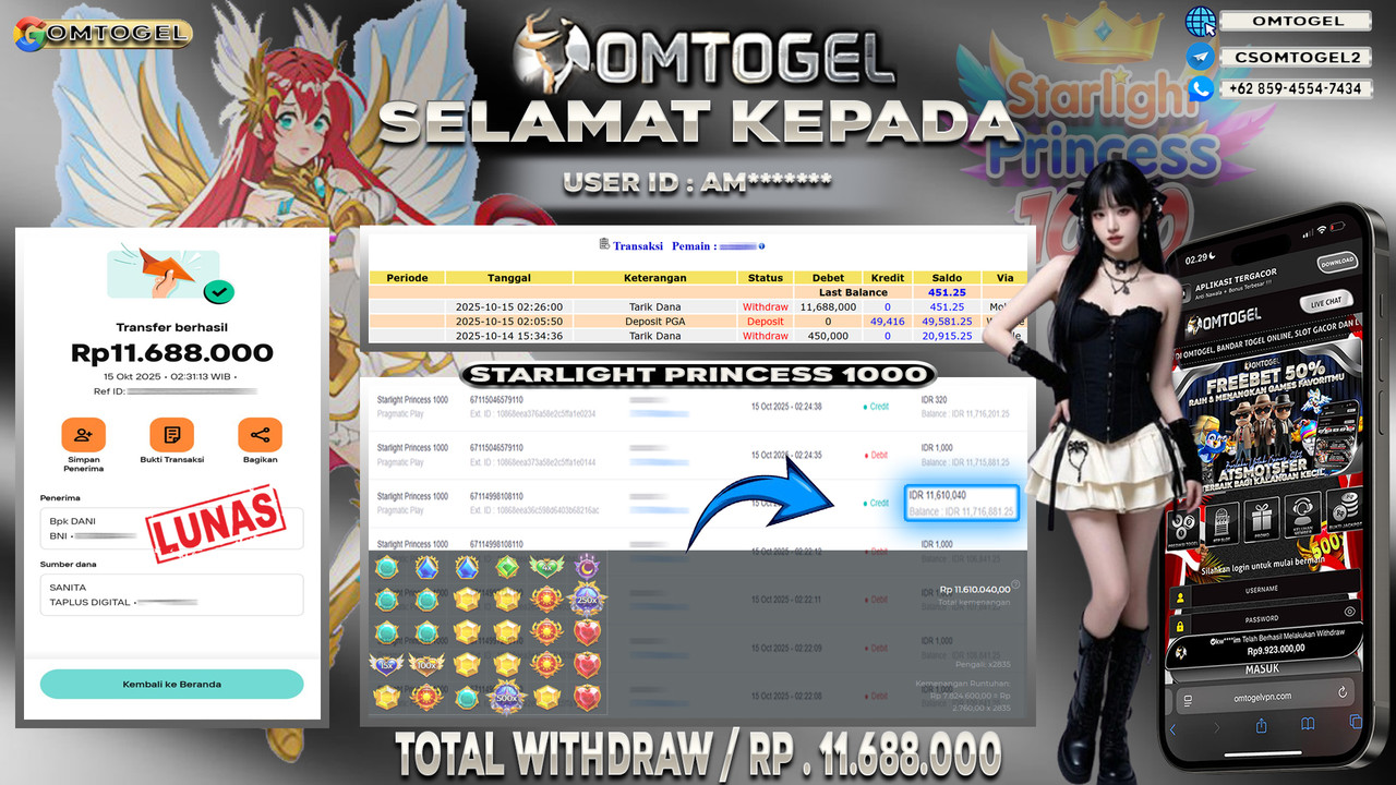 OMTOGEL JACKPOT PRAGMATIC PLAY STARLIGHT PRINCESS 1000 11 JUTA DI BAYAR LUNAS ,-
