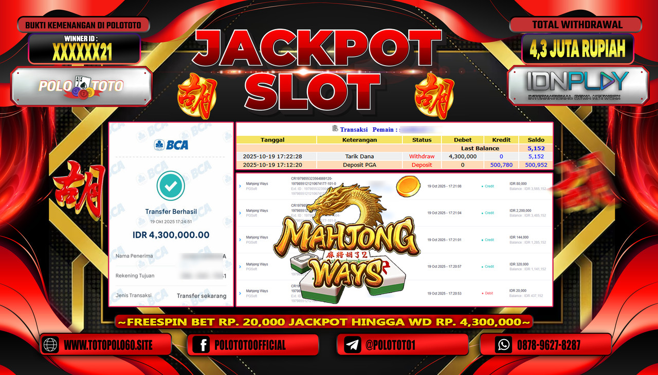 POLOTOTO JACKPOT SLOT MAHJONG WAYS Rp.4.300.000,- LUNAS