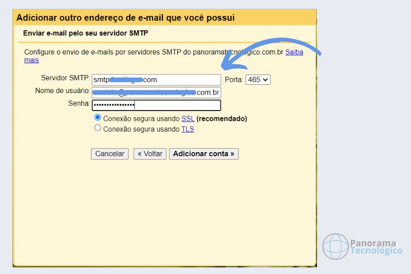 Tela de configuração para adicionar outro endereço de e-mail no Gmail com as configurações de servidor SMTP