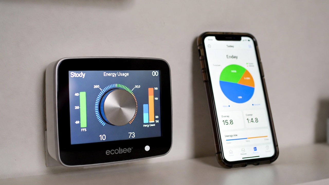 Smart thermostat mounted on a wall showing energy usage data with a smartphone app open beside it