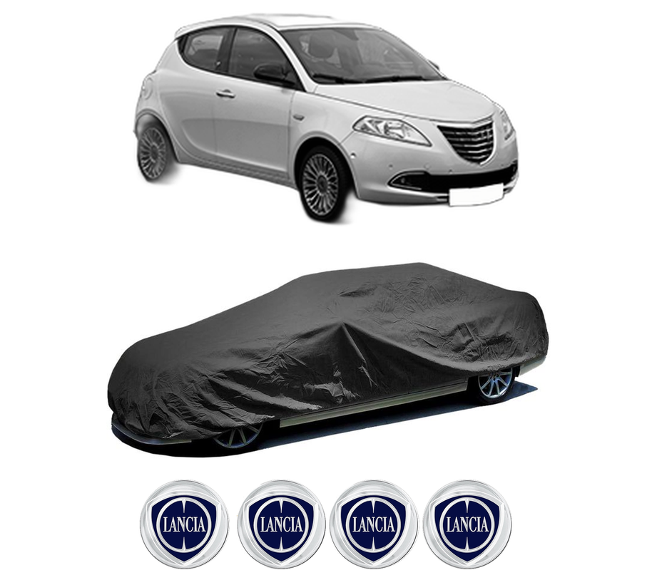 Husa tip prelata auto pentru LANCIA YPSILON (312_) din 2011-2021, Culoare Negru, material textil impermeabil, rezistanta la intemperii praf UV, CARPASSION Husa Protectie, 4 Stickere auto cu LANCIA