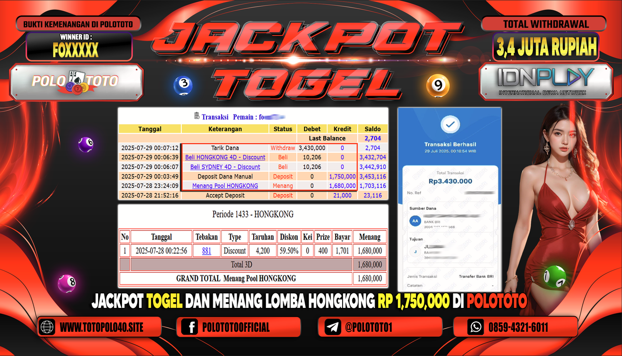 POLOTOTO JACKPOT TOGEL HONGKONG LOTTO Rp.3.400.000,- LUNAS