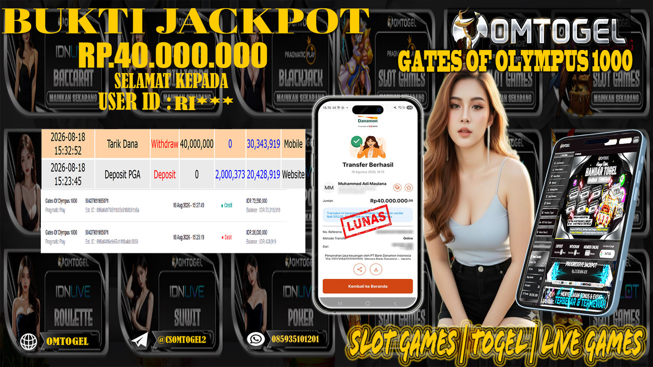 OMTOGEL JACKPOT PRAGMATIC PLAY GATES OF OLYMPUS 1000 Rp,40,000,000,- DIBAYAR LUNAS
