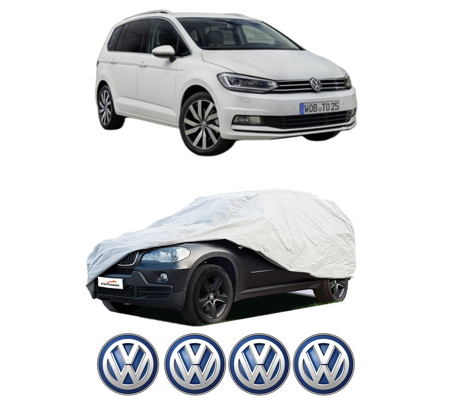Husa tip prelata auto pentru Volskwagen TOURAN VAN (5T1) din 2020, Culoare Gri, material textil impermeabil, rezistanta la intemperii praf UV, CARPASSION Husa Protectie, 4 Stickere auto cu Volskwagen