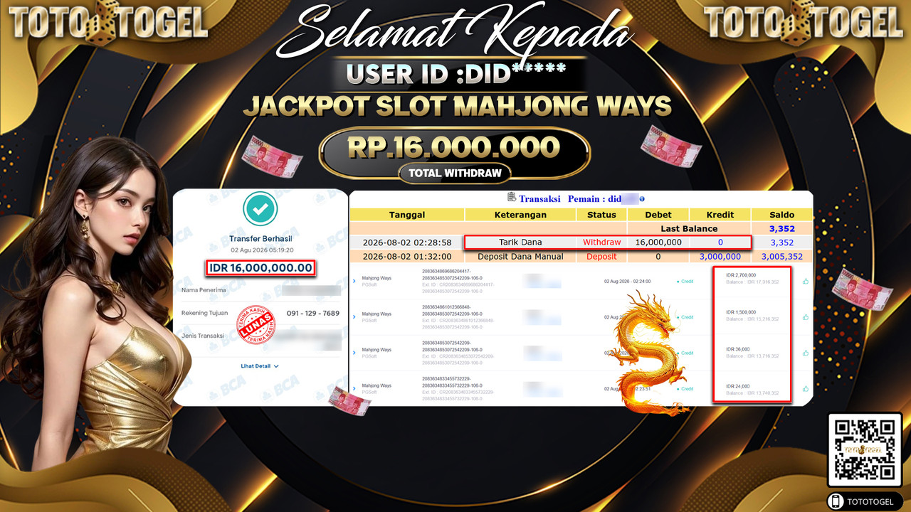 Bukti Pembayaran Jackpot SLOT MAHJONG WAYS ID:DID**** LUNAS