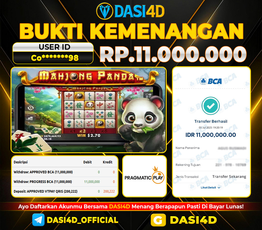 BUKTI KEMENANGAN 06 JULI 2025 DI MAHJONG PANDA RP 11.000.000