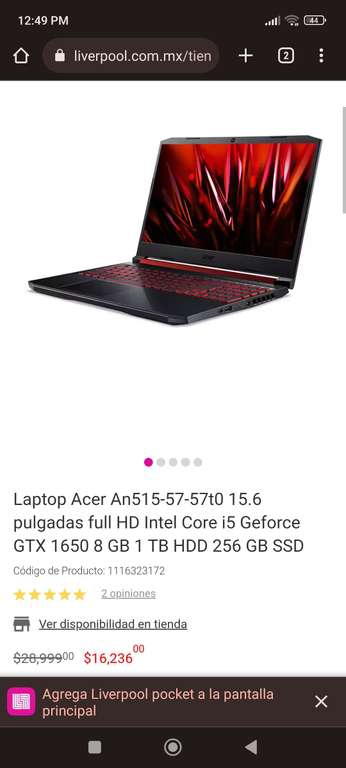 Liverpool laptop Acer 15.6 pulgadas full HD Intel Core i5 11th Geforce GTX 1650, 8GB, 1TB HDD, 256GB SSD (Banorte) 
