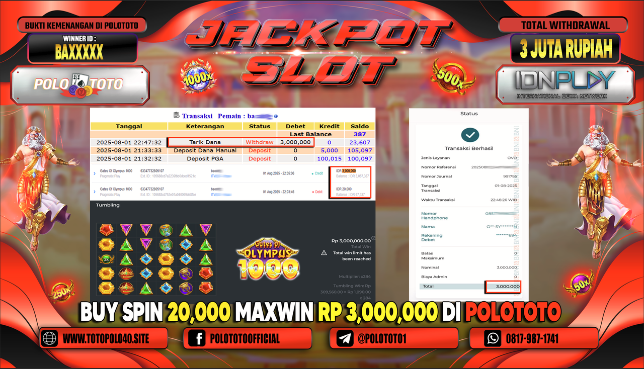 POLOTOTO JACKPOT SLOT GATES OF OLYMPUS Rp.3.000.000,-LUNAS
