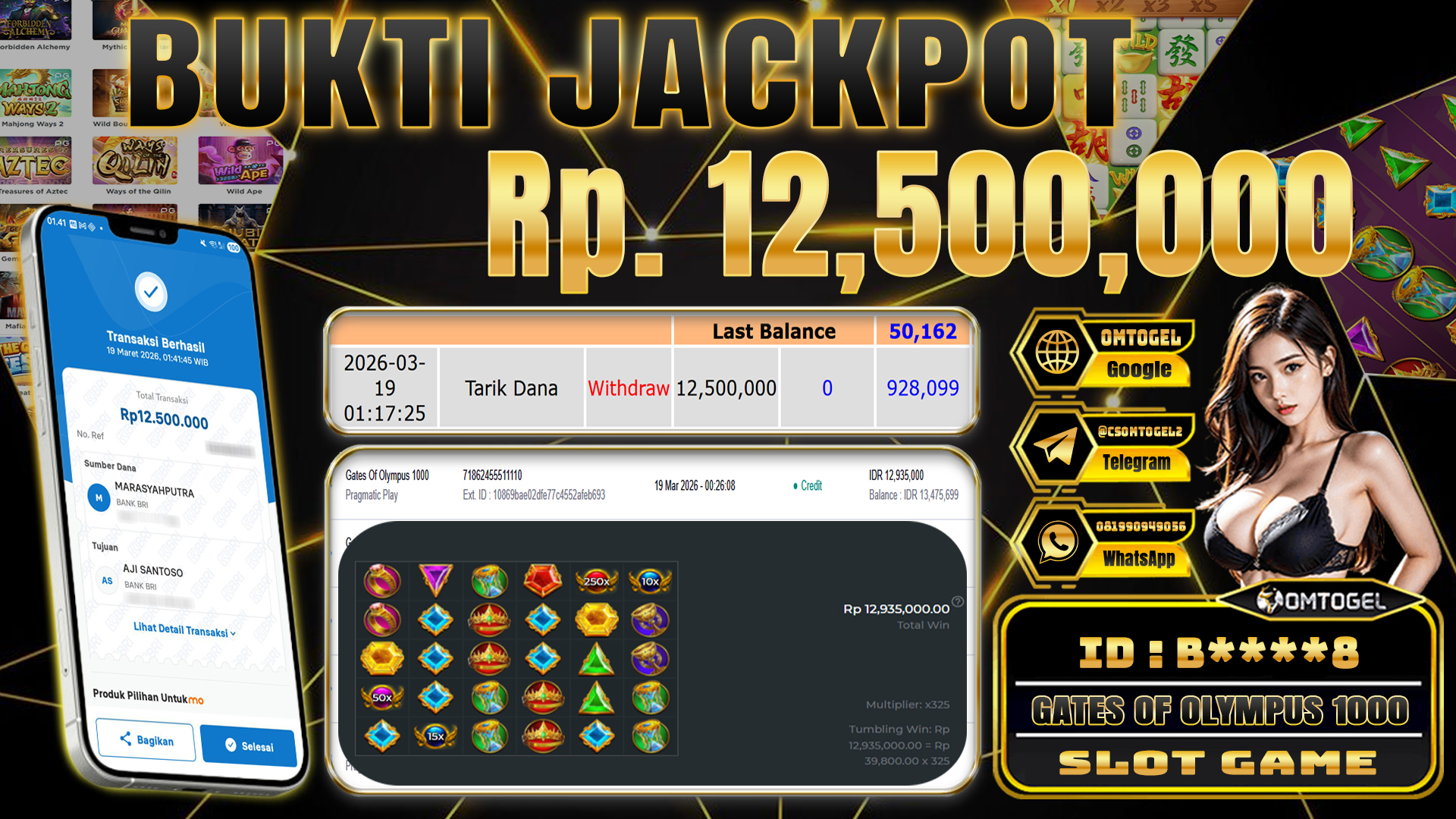 OMTOGEL JACKPOT PRAGMATIC PLAY GATES OF OLYMPUS 1000, 12 JUTA DI BAYAR LUNAS ,-