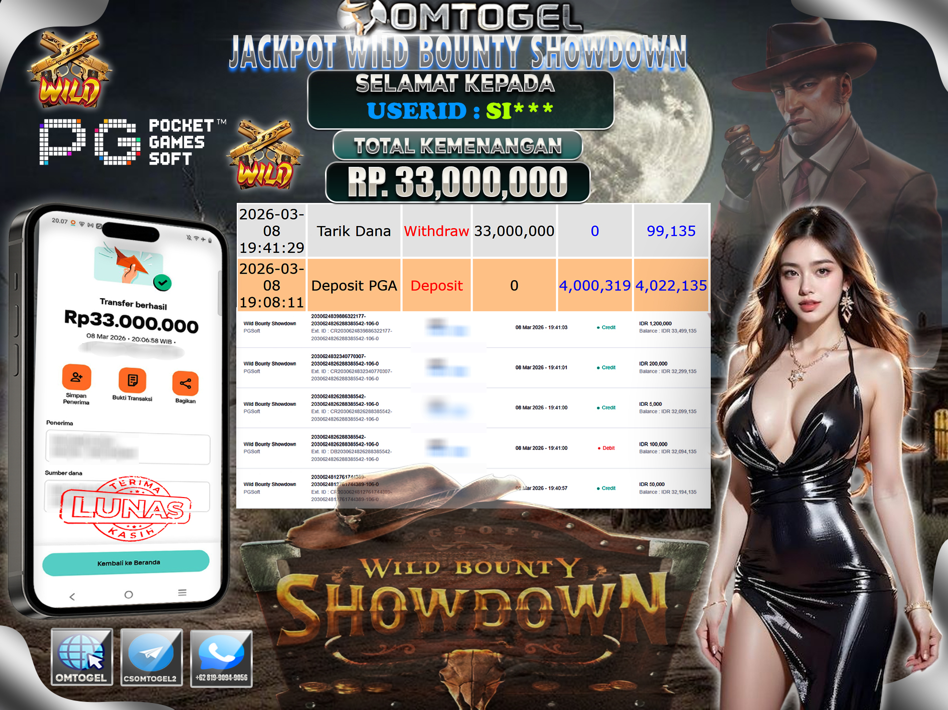 OMTOGEL JACKPOT PG SOFT WILD BOUNTY SHOWDOWN, 33 JUTA DI BAYAR LUNAS ,-