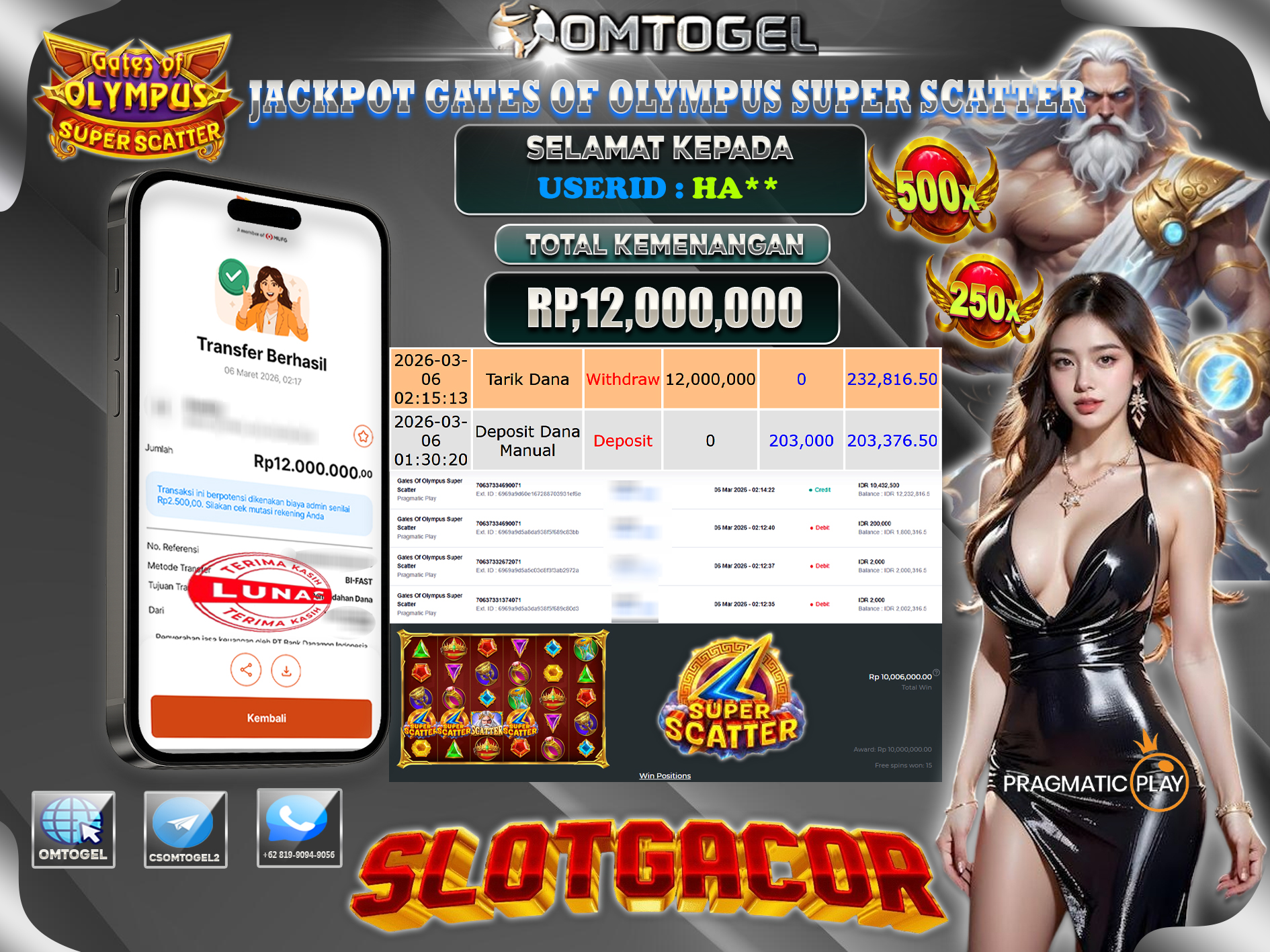 OMTOGEL JACKPOT PRAGMATIC PLAY GATES OF OLYMPUS SUPER SCATTER, 12 JUTA DI BAYAR LUNAS ,-