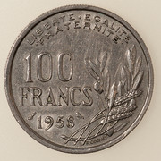 100 francos Cochet. Francia. 1958 (chouette). Dedicada a Benyusuf y a 10 pfennig. PAS4937