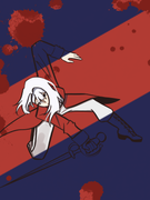 digital colored sketch of Mira Archambeau posing with her rapier. There is a single strip of red in the middle of the canvas where the only color besides blue is visible. There are also splotches of red across the canvas.