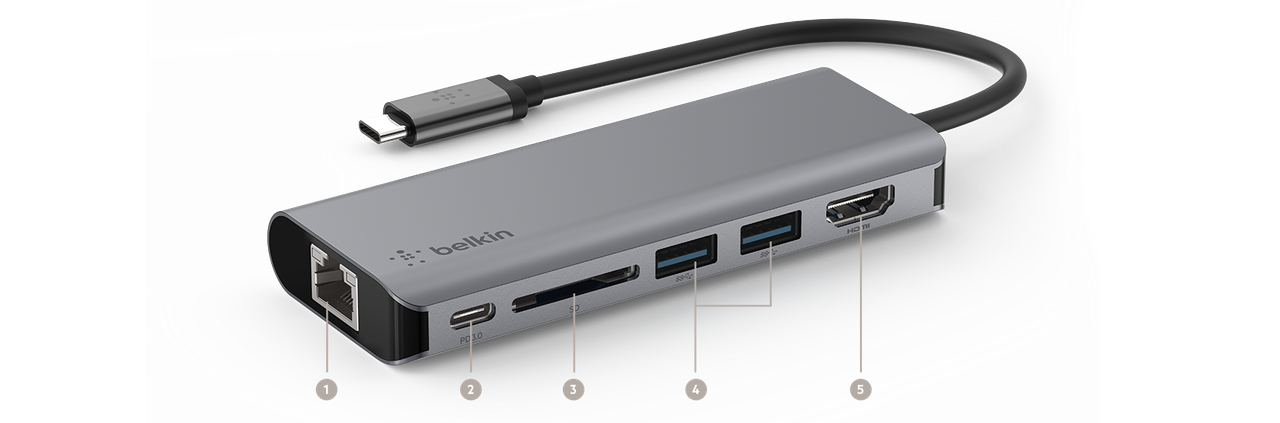 Gráfico detallando los seis puertos del adaptador Belkin.