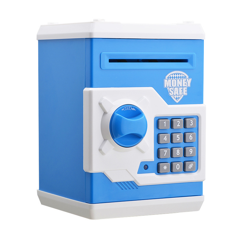 Blue and White Electronic Password Piggy Bank — An ATM-style automatic money-rolling safe featuring a digital keypad lock, 4-digit password security, and a coin slot. Powered by three AA batteries (not included), this educational and developmen
