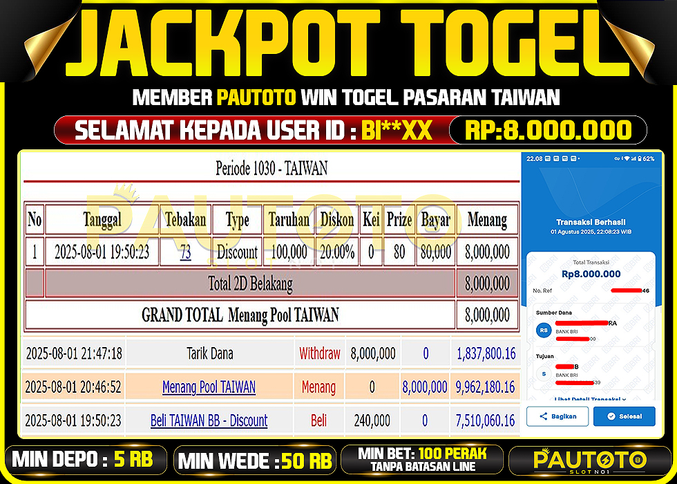 BUKTI PEMBAYARAN TGL 1 AGUSTUS2025 MENANG DI PASARAN TAIWAN TOTAL WD 8 JUTA