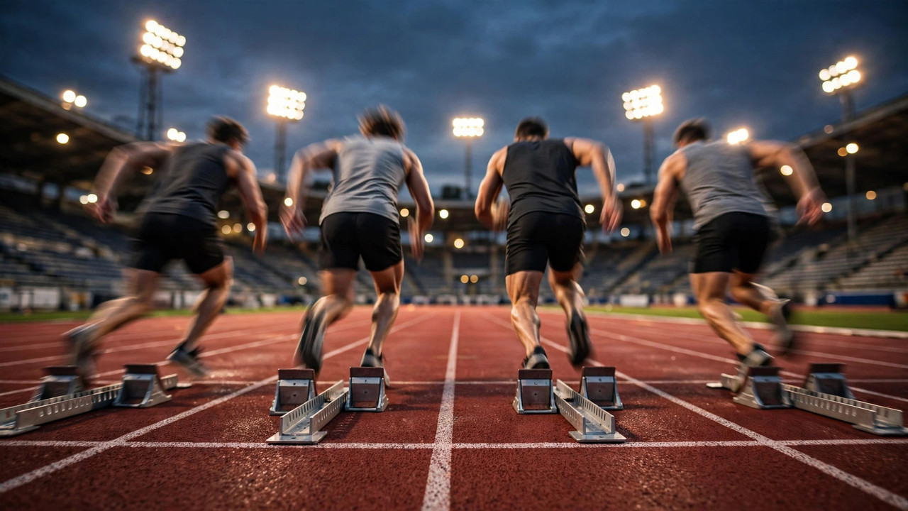 Four sprinters exploding out of starting blocks on a red tartan track at dusk