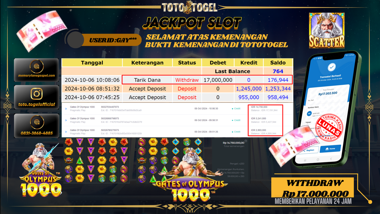 Bukti Kemenangan Permainan Slot Gates Of Olympus 1000 ID : GAY*** Terbayar Lunas!!