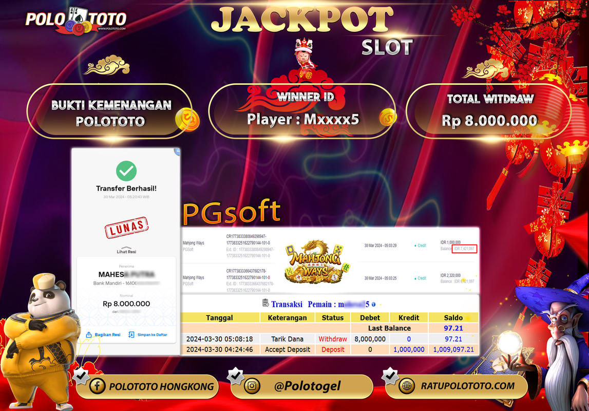 POLOTOTO BUKTI JACKPOT SLOT MAHJONG WAYS Rp 8.000.000,- LUNAS