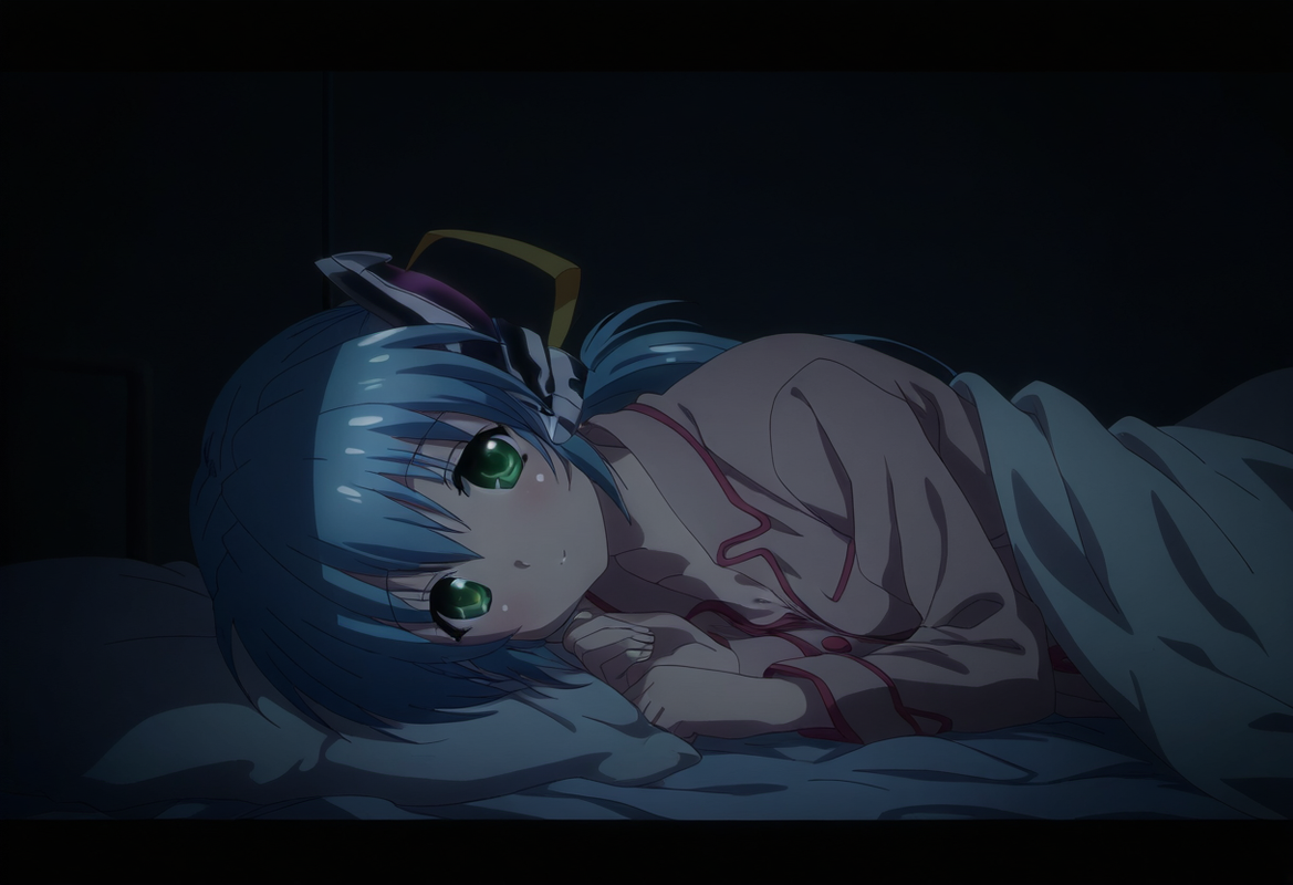 1girl, Hoshino Yumemi (planetarian), pajamas, shiny skin, glowing hair, small br s-1701831584