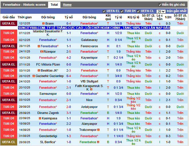 Phong độ gần đây Fenerbahce
