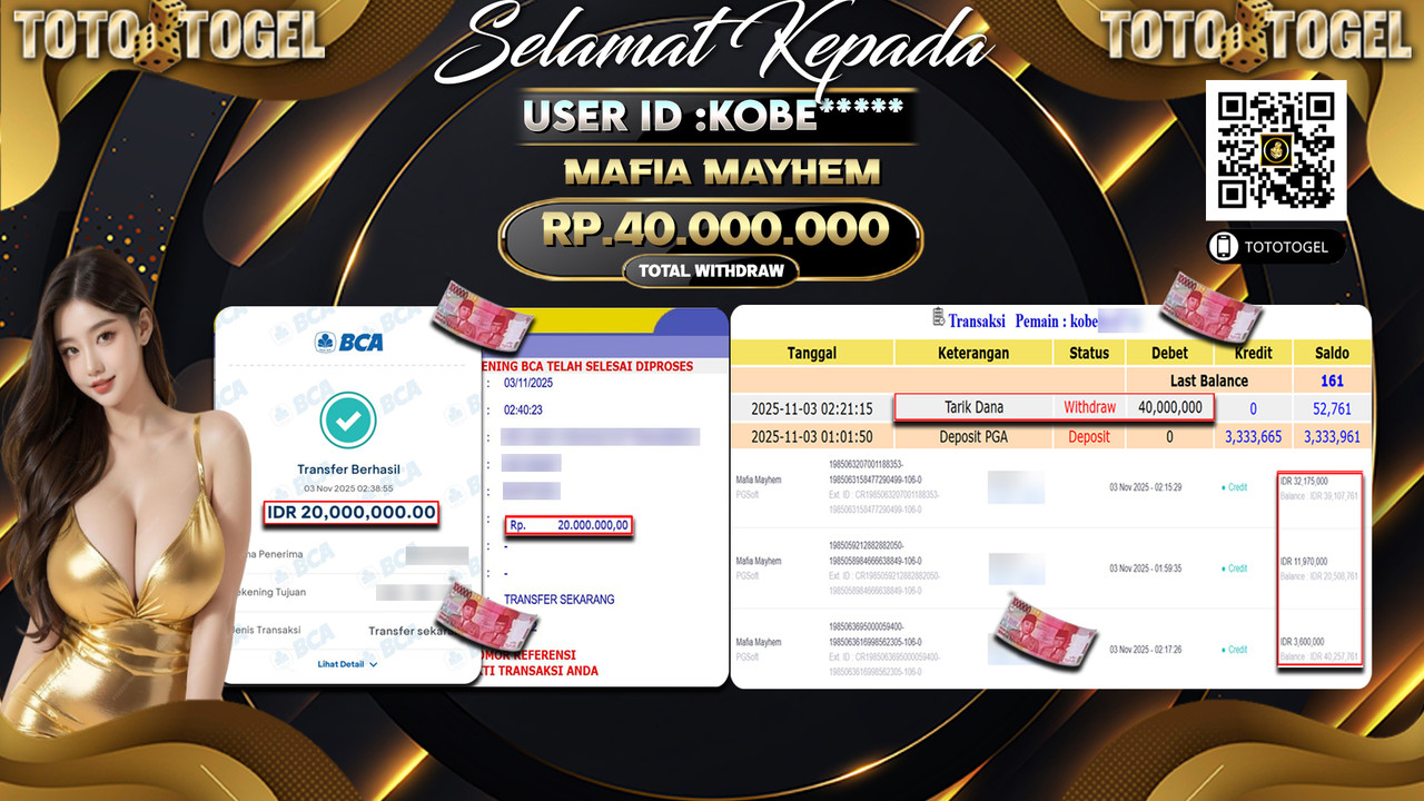 Bukti Pembayaran Jackpot Permainan Slot Mafia Mayhem ID:KOBE**** LUNAS