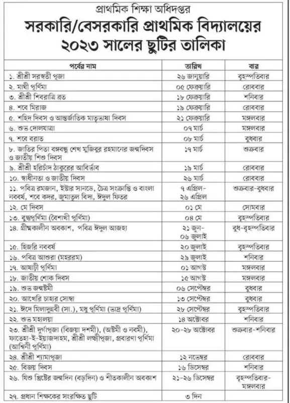 প্রাথমিক বিদ্যালয়ের ছুটির তালিকা ২০২৩