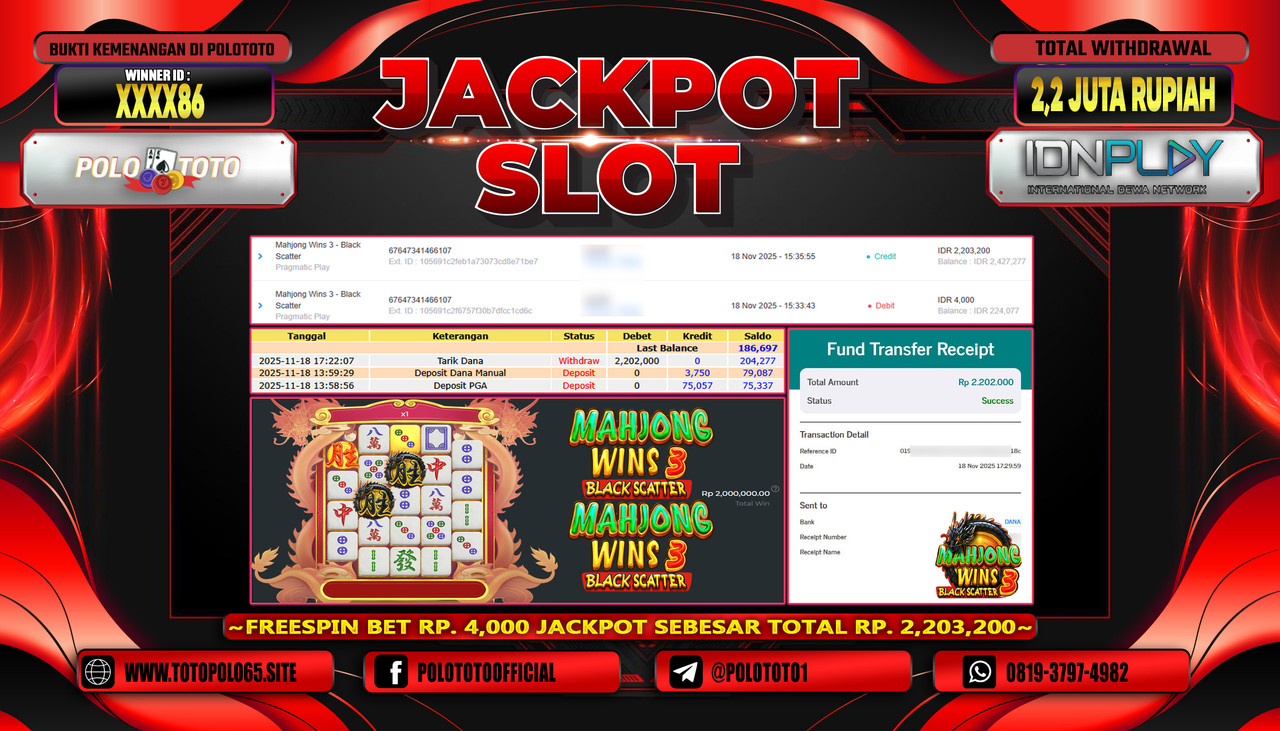 POLOTOTO JACKPOT SLOT MAHJONG WINS 3 - BLACK SCATTER Rp.1.600.000,- LUNAS