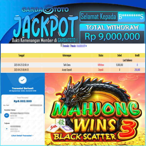 JACKPOT DI PERMAINAN SLOT MAHJONG WINS 3 BLACK SCATTER WD Rp9.000.000,- DIBAYAR LUNAS GARDATOTO