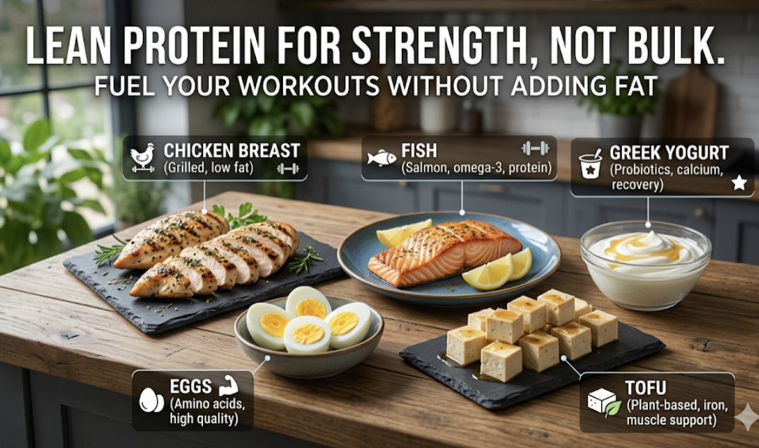 Assortment of lean protein sources for strength without bulking including chicken breast, fish, eggs, tofu, Greek yogurt and lentils