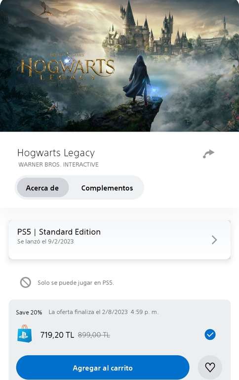 PlayStation Store: Hogwarts Legacy PS5 $473 / PS4 $421 - Turquía 
