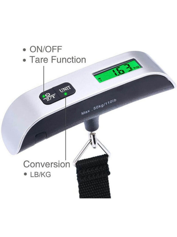 Báscula digital portátil de mano con gancho, mostrando la pantalla LCD.