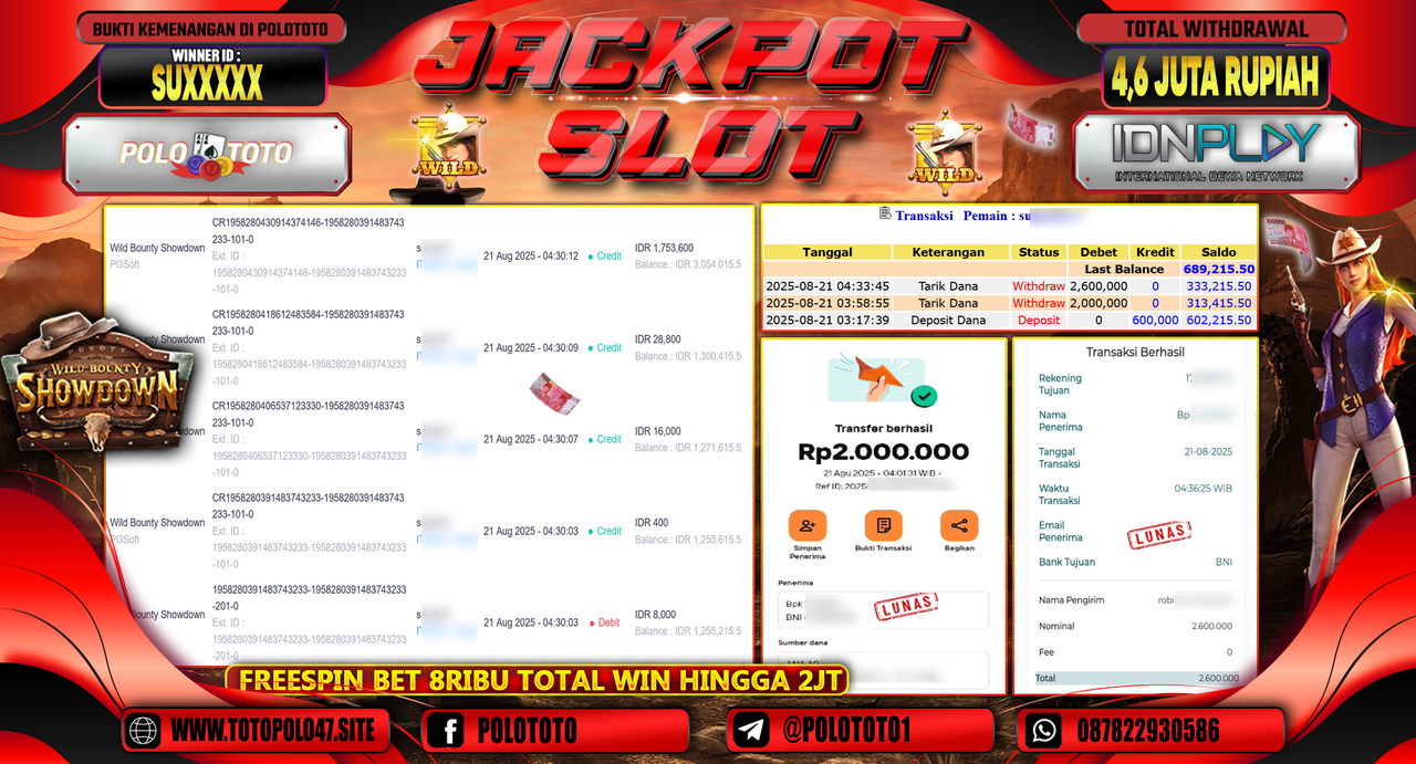POLOTOTO JACKPOT SLOT WILD BOUNTY SHOWDOWN Rp.4.600.000,-