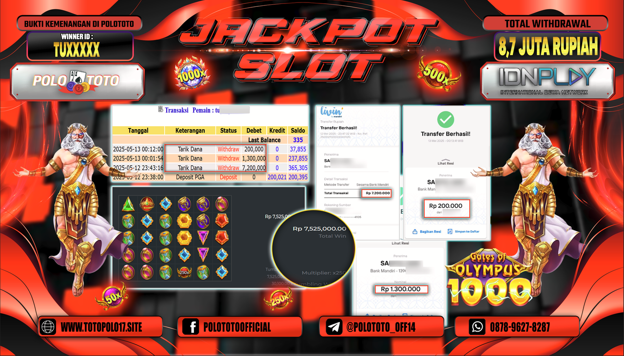 POLOTOTO JACKPOT SLOT GATES OF OLYMPUS 1000 Rp.8.700.000,-