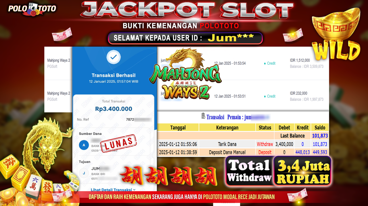 POLOTOTO JACKPOT SLOT MAHJONG WAYS 2 Rp.3,400.000,-