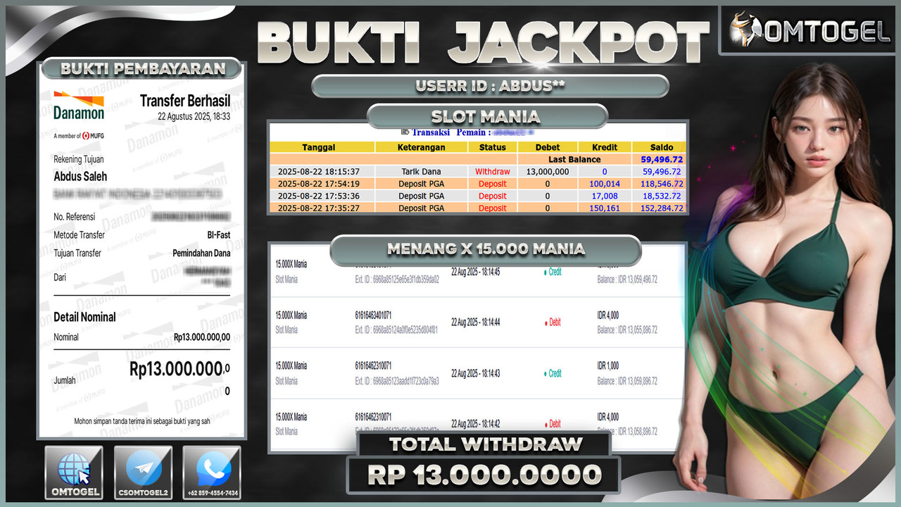 OMTOGEL JACKPOT SLOT MANIA 15,000X MANIA 13 JUTA DI BAYAR LUNAS ,-