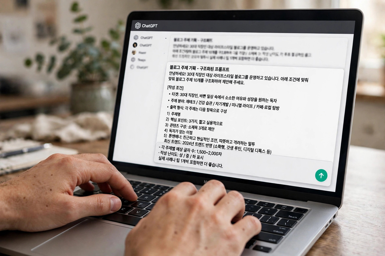 ChatGPT에 글감 프롬프트 입력하는 모습
