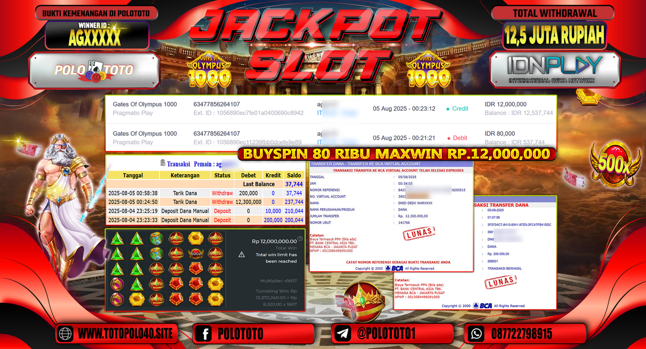 POLOTOTO JACKPOT SLOT GATES OF OLYMPUS 1000 Rp.12.500.000,-LUNAS