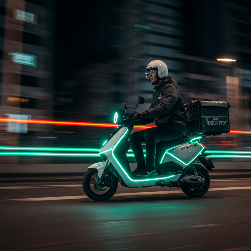 Entregador em uma scooter com uma caixa de entrega