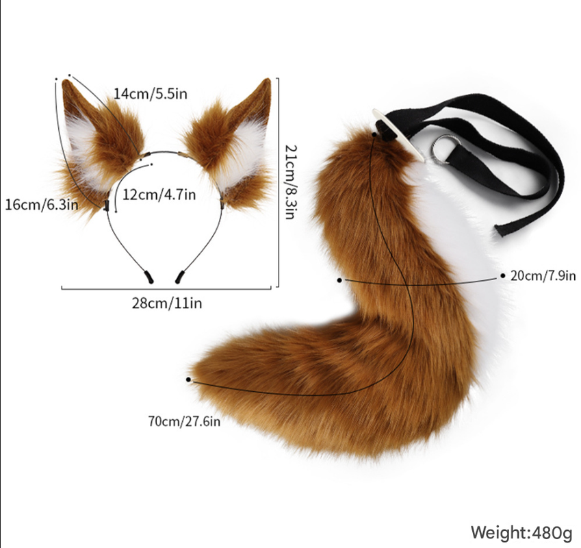 Grey Plush Faux Fur Fox Ears Headband and Tail Set - Realistic Animal Costume for Cosplay & Parties