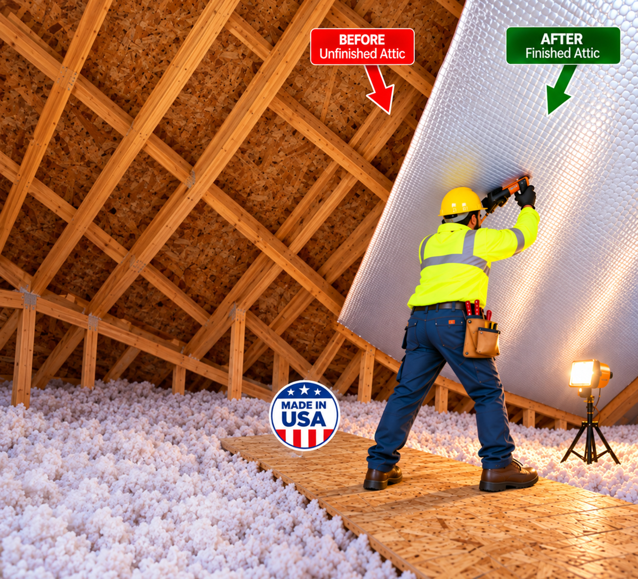 Attic Pro Care technician installing radiant barrier insulation in an attic