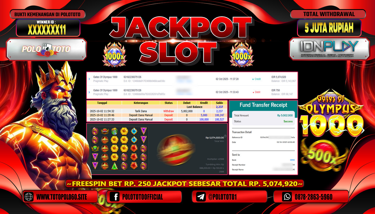 POLOTOTO JACKPOT SLOT GATES OF OLYMPUS 1000 Rp.5.000.000,- LUNAS