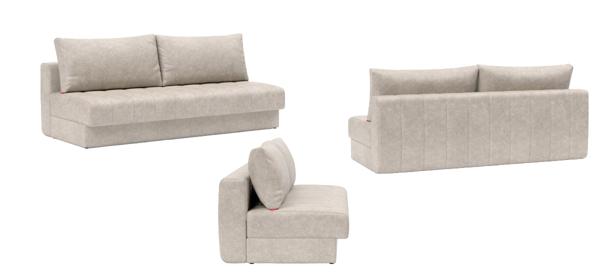 Akello Sofa Bed Innovation Living — canapé convertible sans accoudoirs sous différents angles, coutures channel, coffre ouvert, position lit 143×200 cm