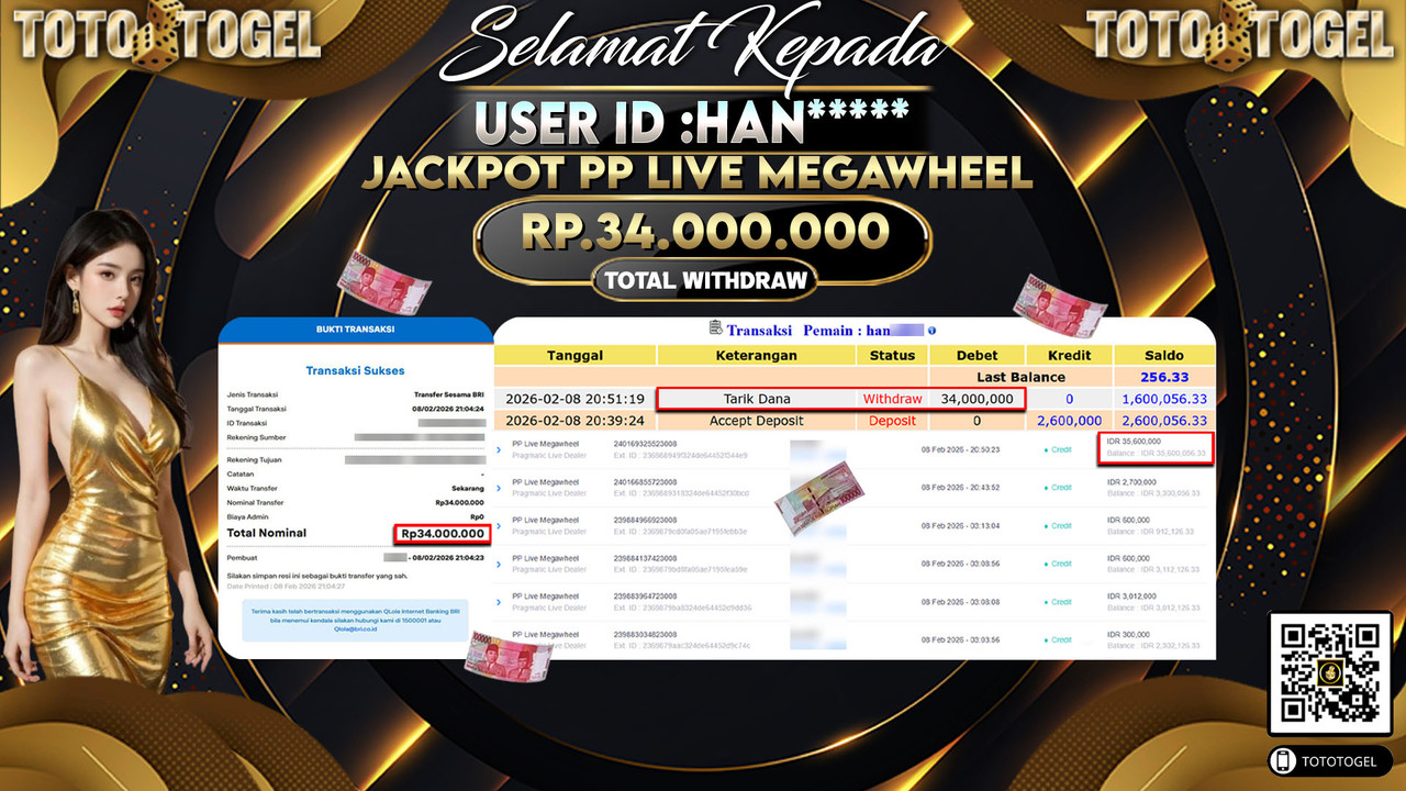 Bukti Pembayaran Jackpot Permainan Pragmatic Live PP Live Megawheel ID:HAN*****LUNAS