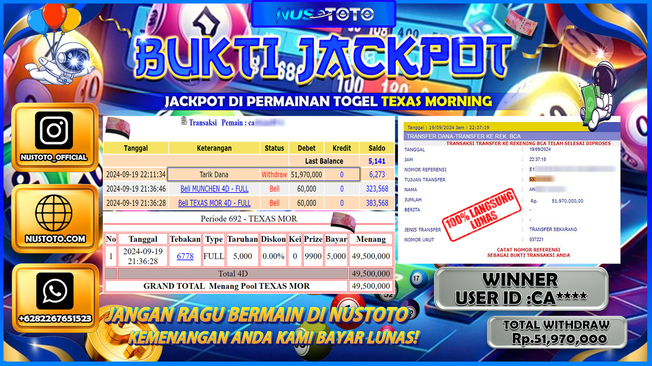 JACKPOT !! MENANG BESAR DI PASARRAN TEXAS MORNING Rp. 51.970.000 LANGSUNG DI BAYAR LUNAS NUSTOTO !!